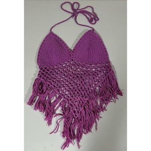 Purple Crochet Knit Tassel Halter Beach Swim Coverup Crop Top Shirt Size M 💜🏝️